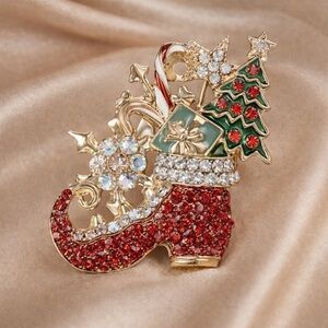 Christmas Stocking Brooch – Red Crystal Holiday Pin with Tree &Candy Cane Design